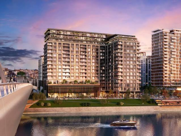 Modern exterior architecture of BW Victoria luxury residential tower in Belgrade Waterfront with panoramic river views