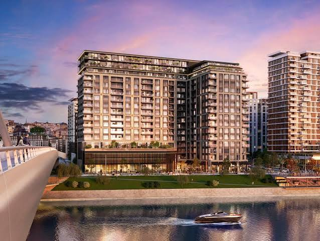 Modern exterior architecture of BW Victoria luxury residential tower in Belgrade Waterfront with panoramic river views